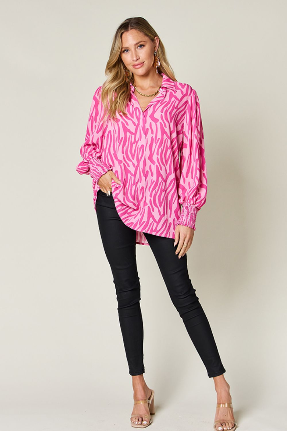 Double Take - Printed Smocked Long Sleeve Blouse