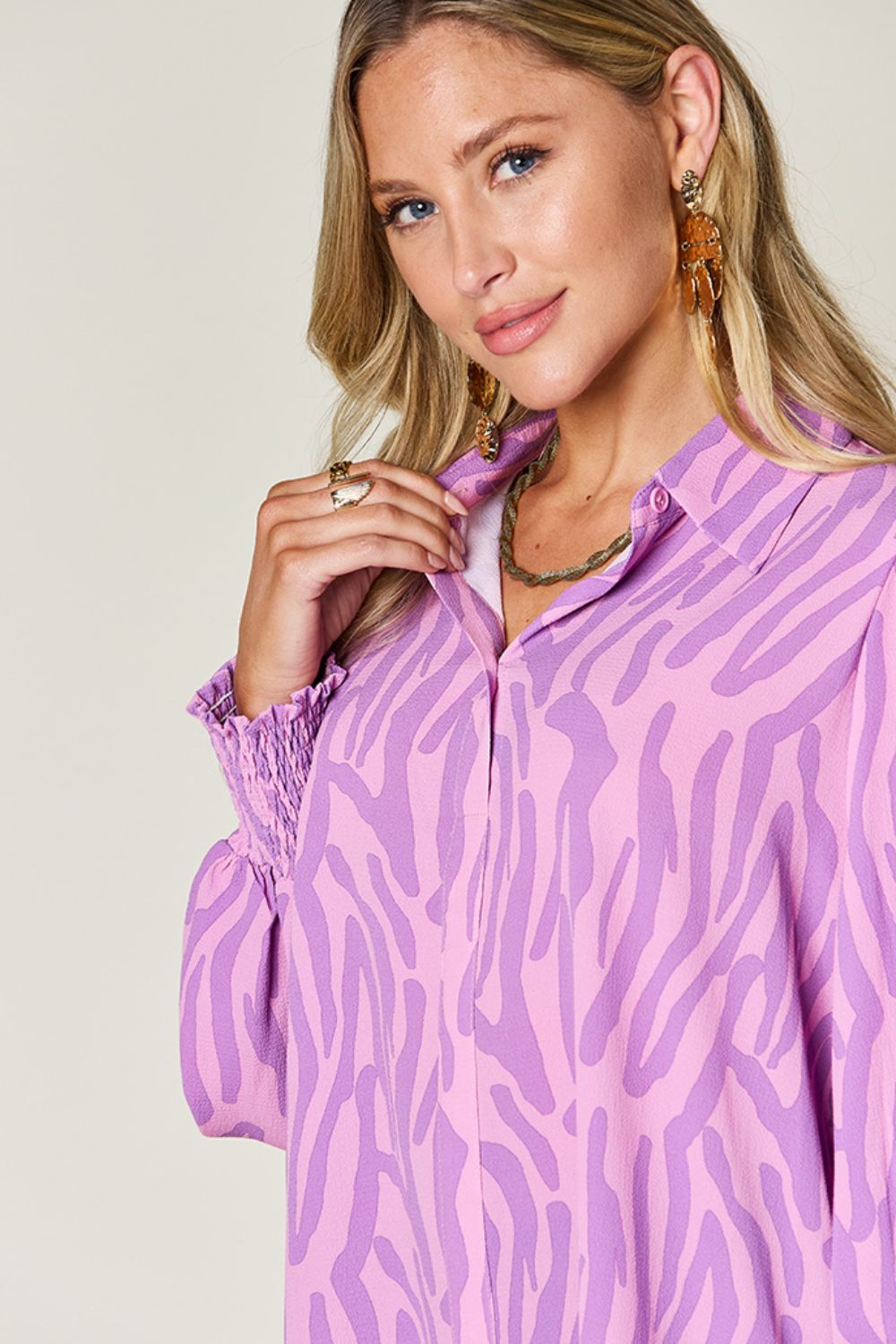 Double Take - Printed Smocked Long Sleeve Blouse