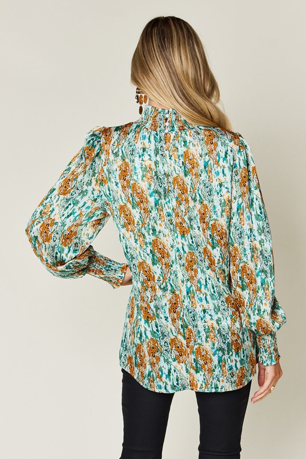 Double Take - Printed Smocked Long Sleeve Blouse