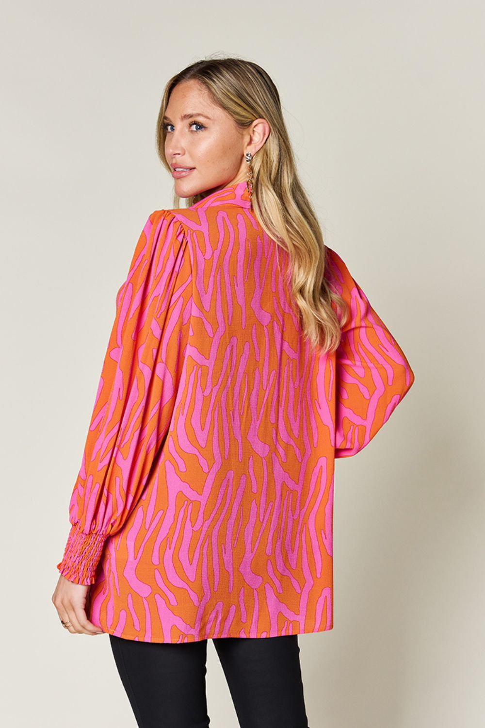 Double Take - Printed Smocked Long Sleeve Blouse