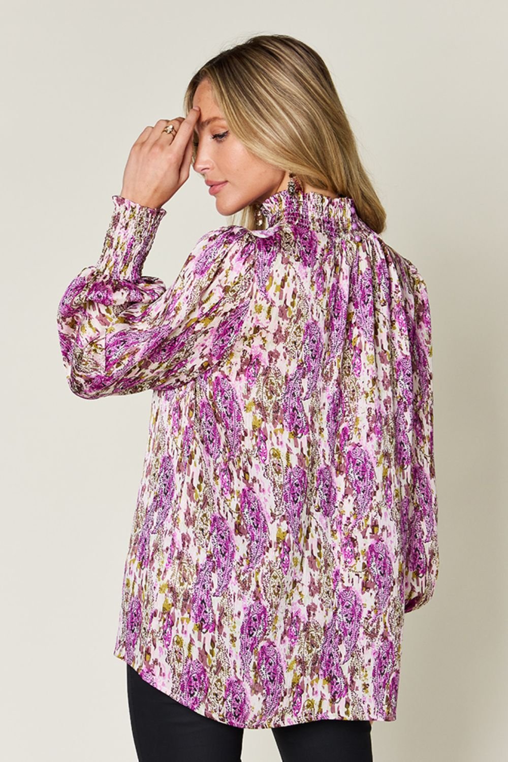 Double Take - Printed Smocked Long Sleeve Blouse