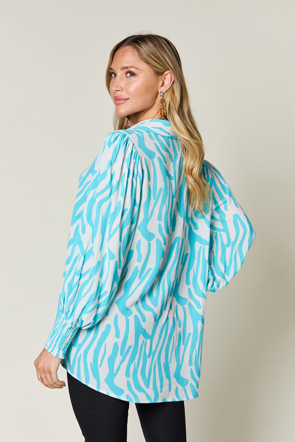 Double Take - Printed Smocked Long Sleeve Blouse