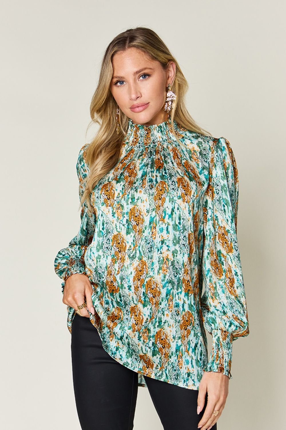 Double Take - Printed Smocked Long Sleeve Blouse