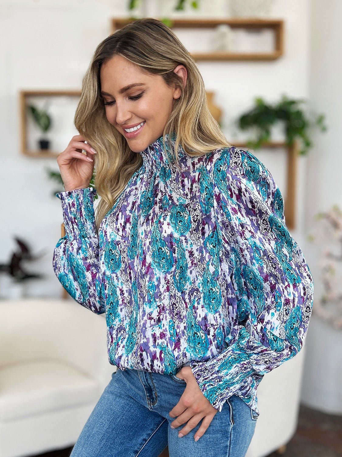 Double Take - Printed Smocked Long Sleeve Blouse