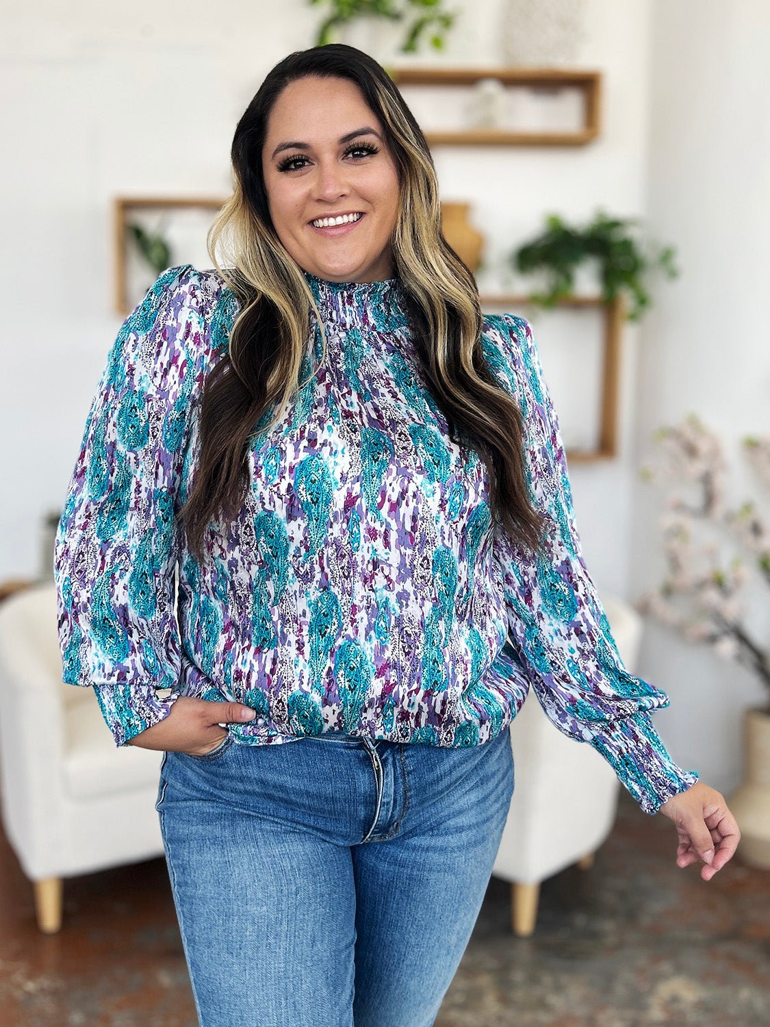 Double Take - Printed Smocked Long Sleeve Blouse