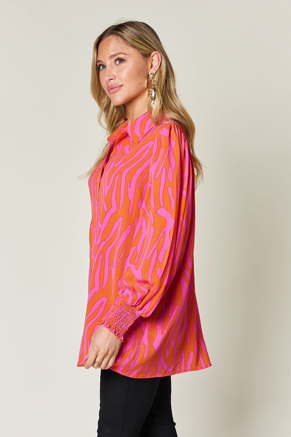 Double Take - Printed Smocked Long Sleeve Blouse