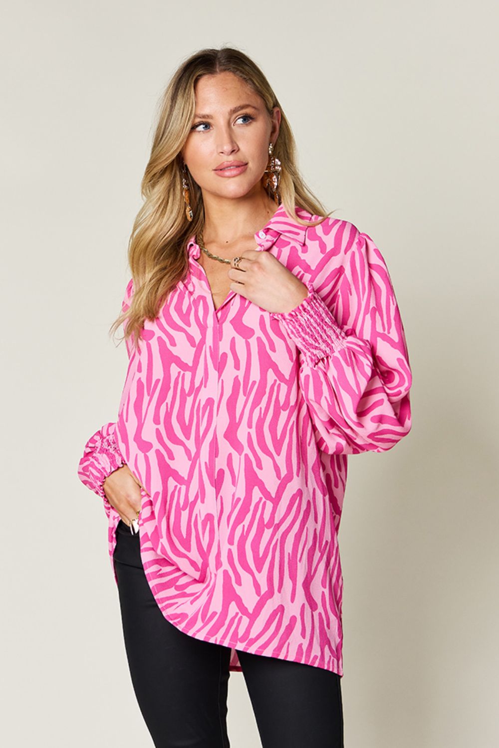 Double Take - Printed Smocked Long Sleeve Blouse