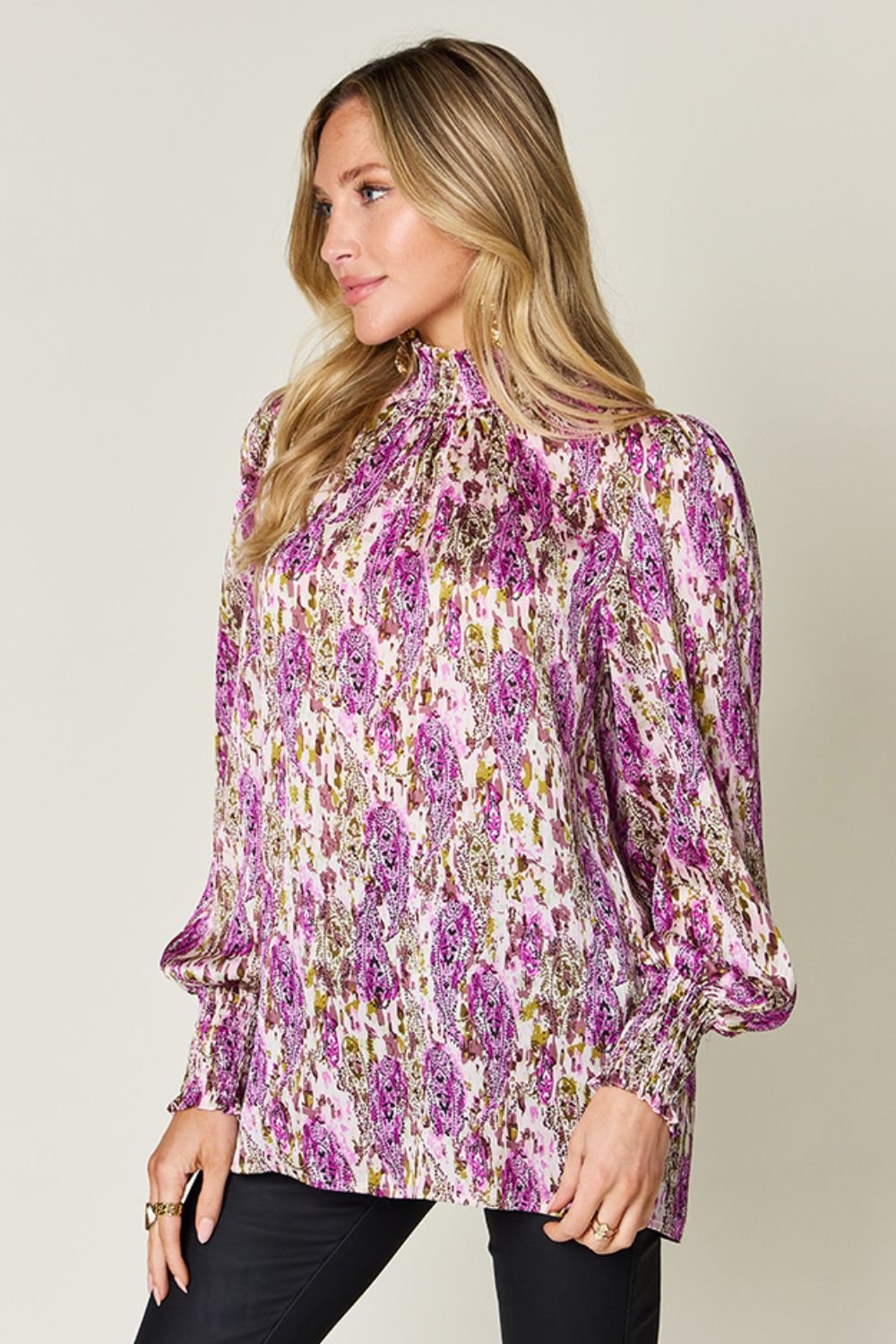 Double Take - Printed Smocked Long Sleeve Blouse