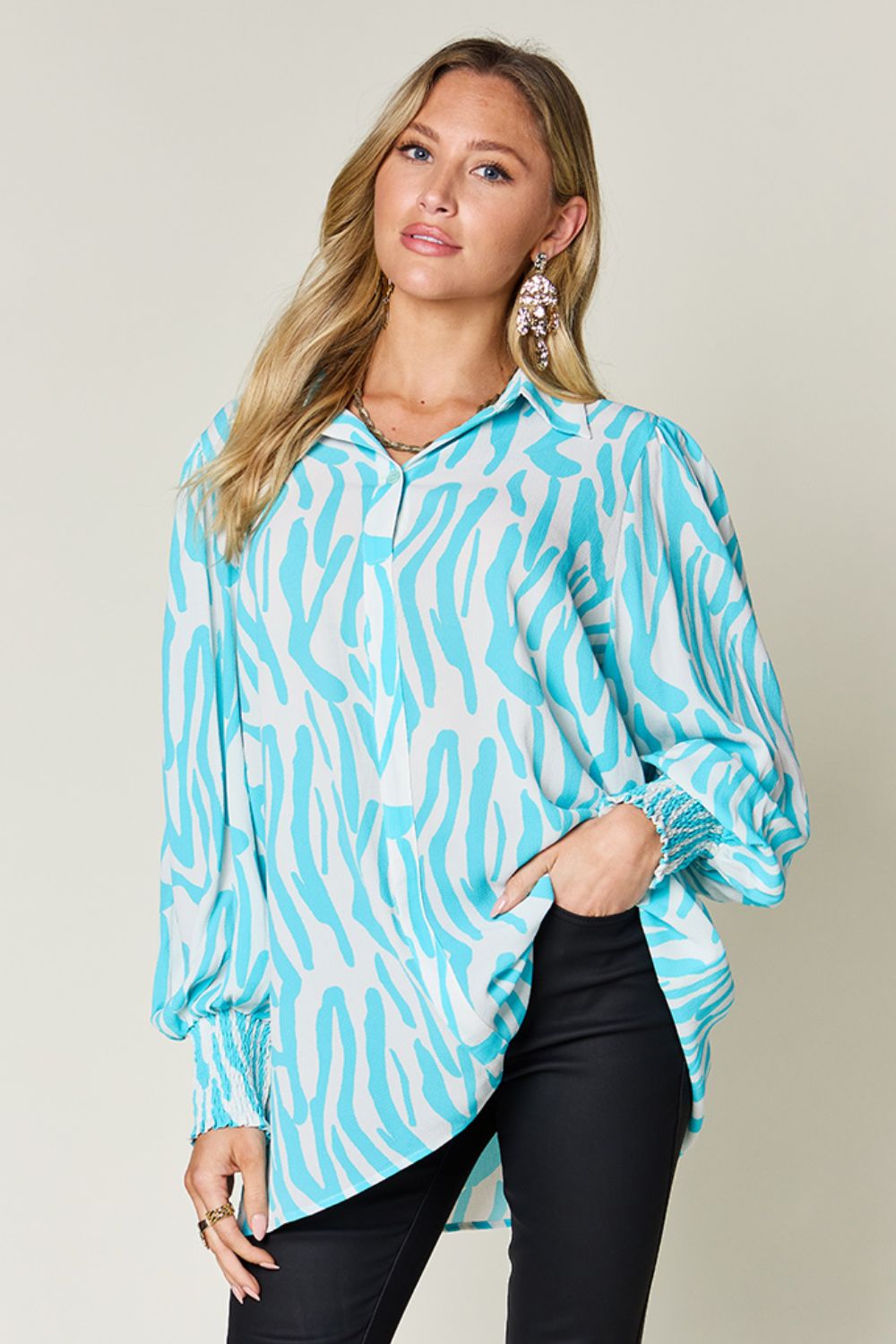 Double Take - Printed Smocked Long Sleeve Blouse