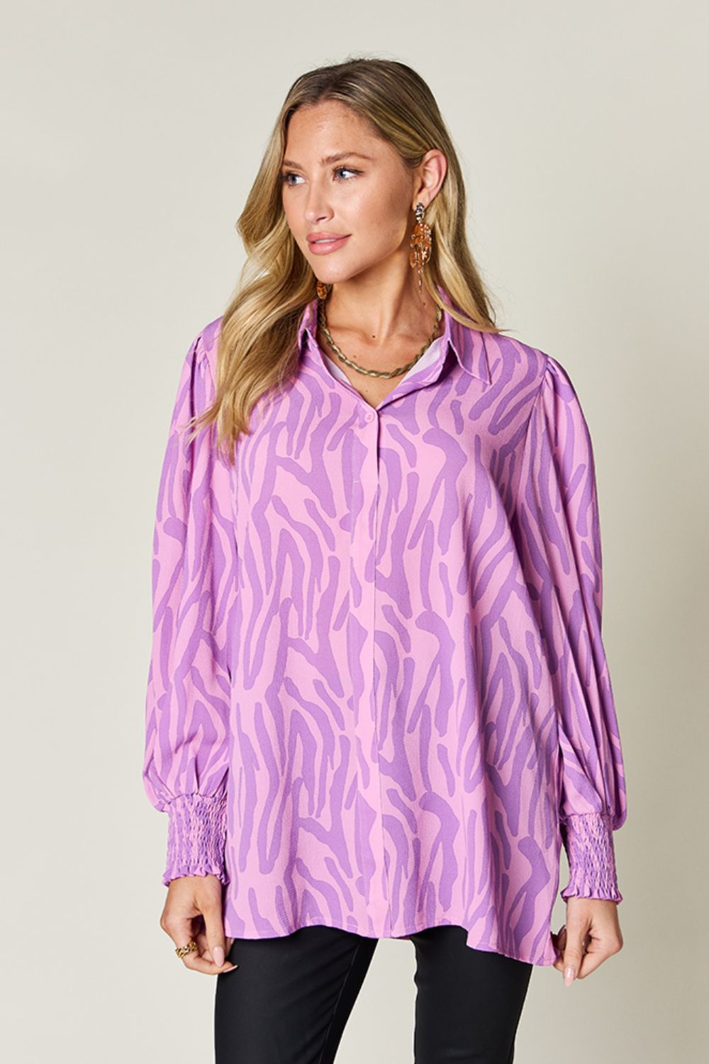 Double Take - Printed Smocked Long Sleeve Blouse