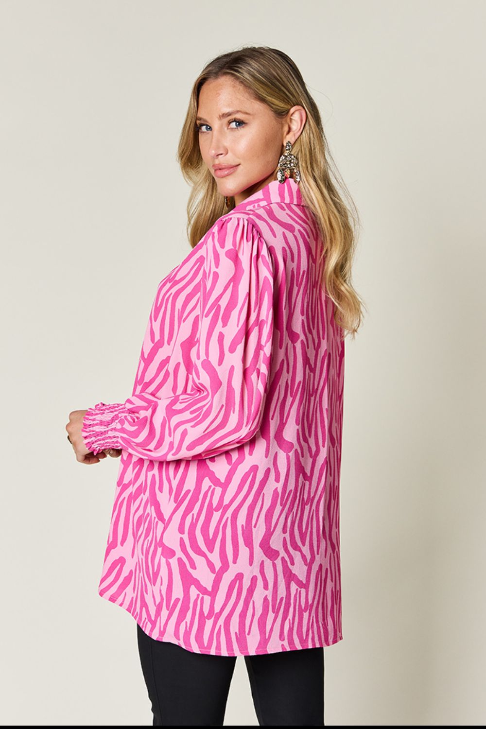 Double Take - Printed Smocked Long Sleeve Blouse