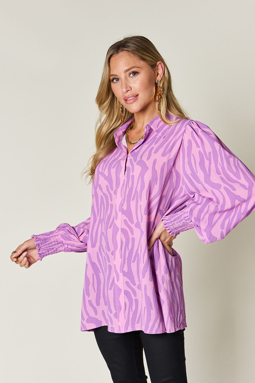 Double Take - Printed Smocked Long Sleeve Blouse