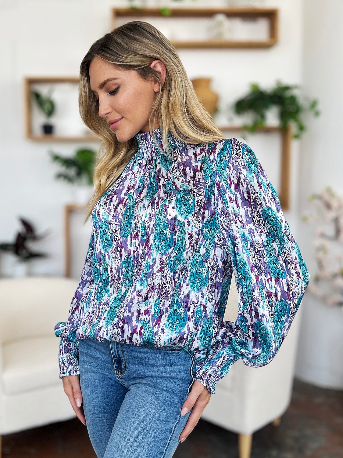 Double Take - Printed Smocked Long Sleeve Blouse