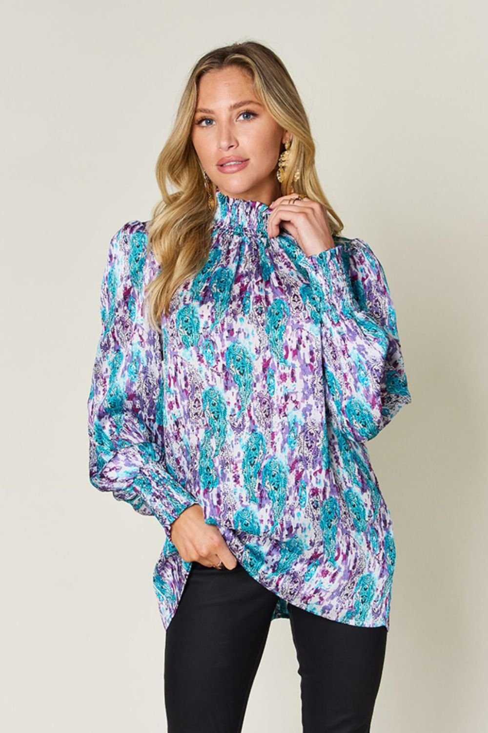 Double Take - Printed Smocked Long Sleeve Blouse