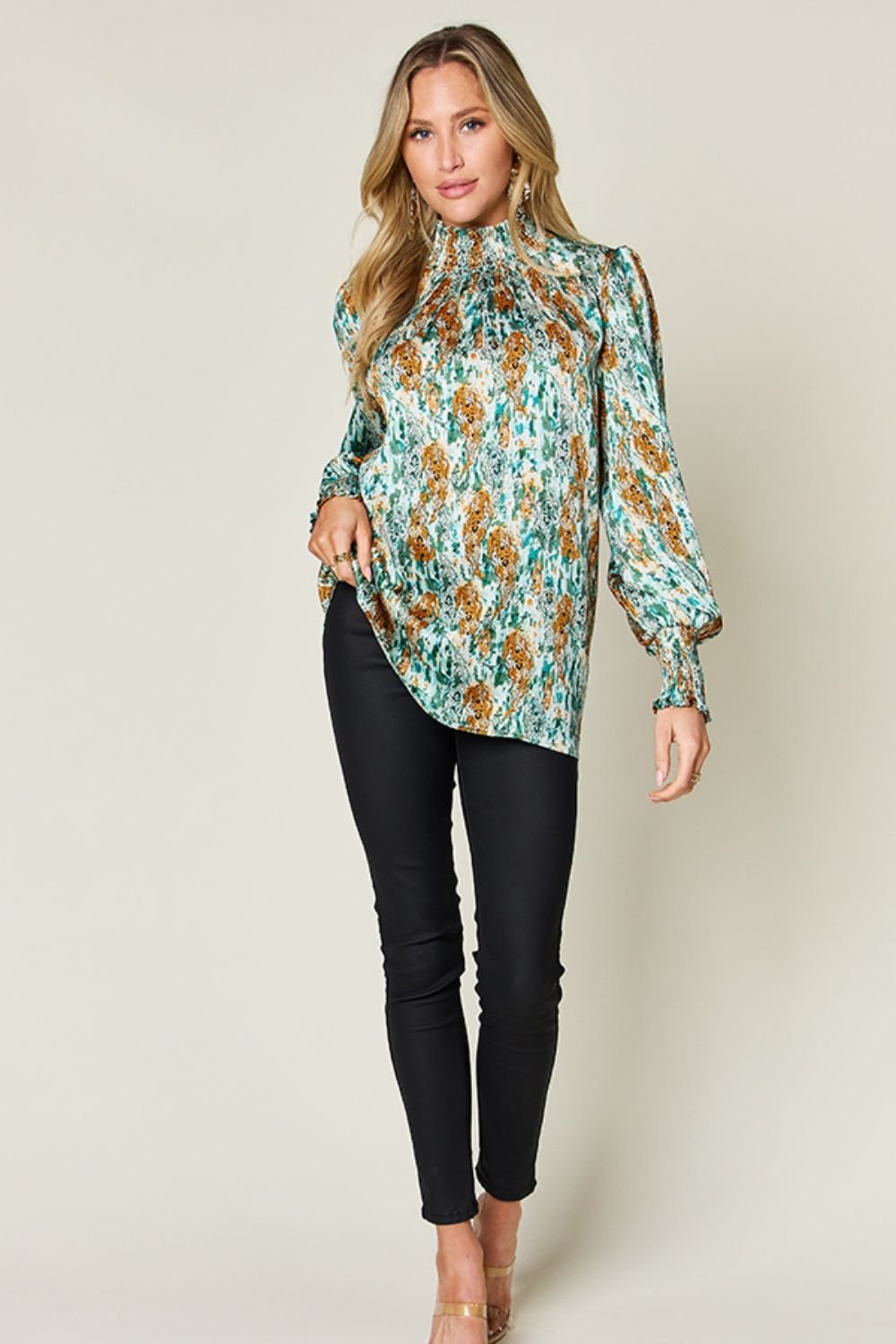 Double Take - Printed Smocked Long Sleeve Blouse