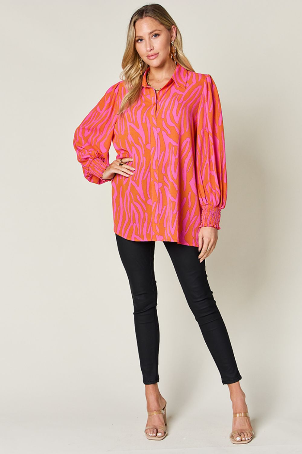 Double Take - Printed Smocked Long Sleeve Blouse