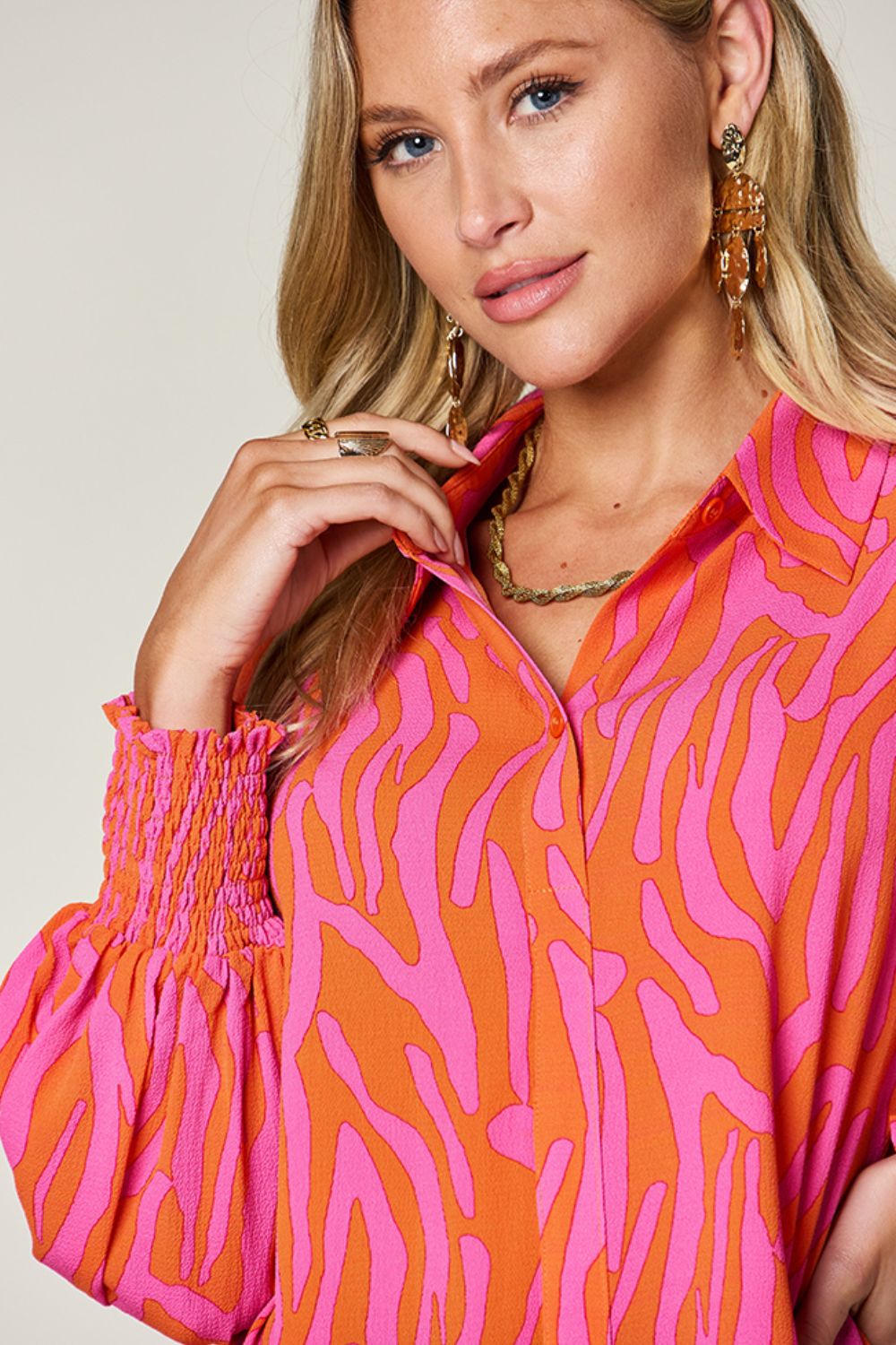 Double Take - Printed Smocked Long Sleeve Blouse