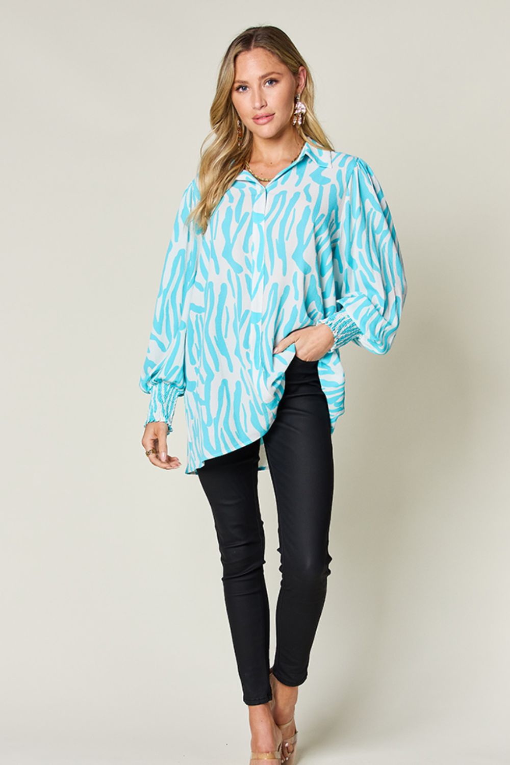 Double Take - Printed Smocked Long Sleeve Blouse