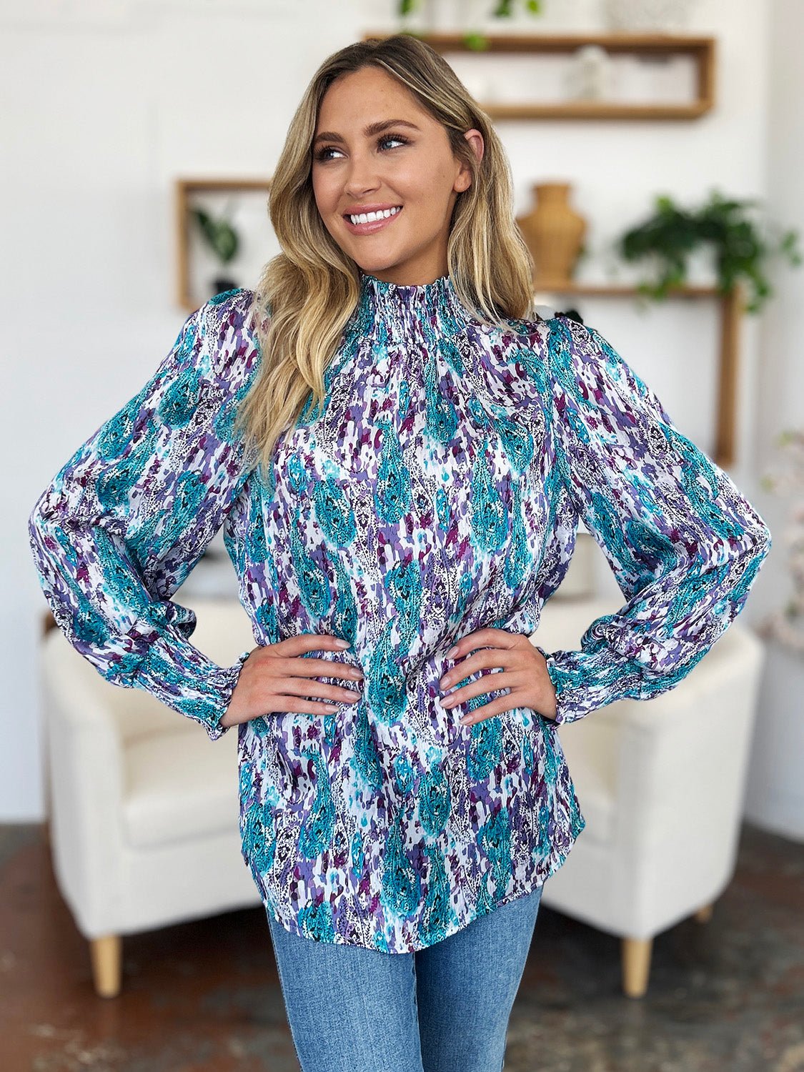 Double Take - Printed Smocked Long Sleeve Blouse