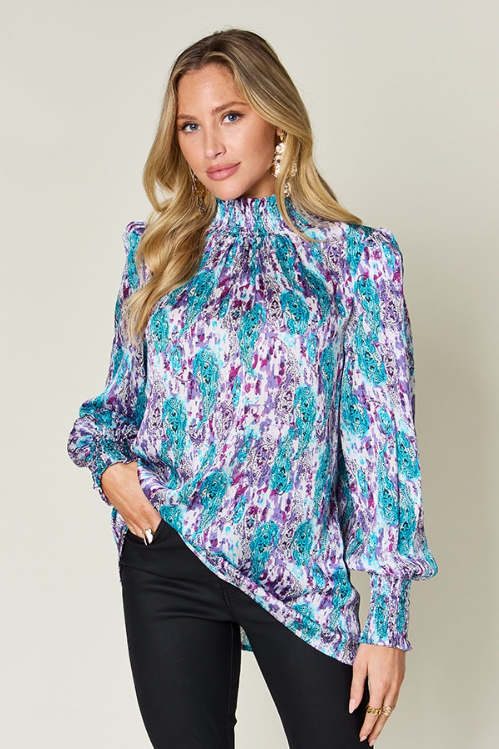 Double Take - Printed Smocked Long Sleeve Blouse