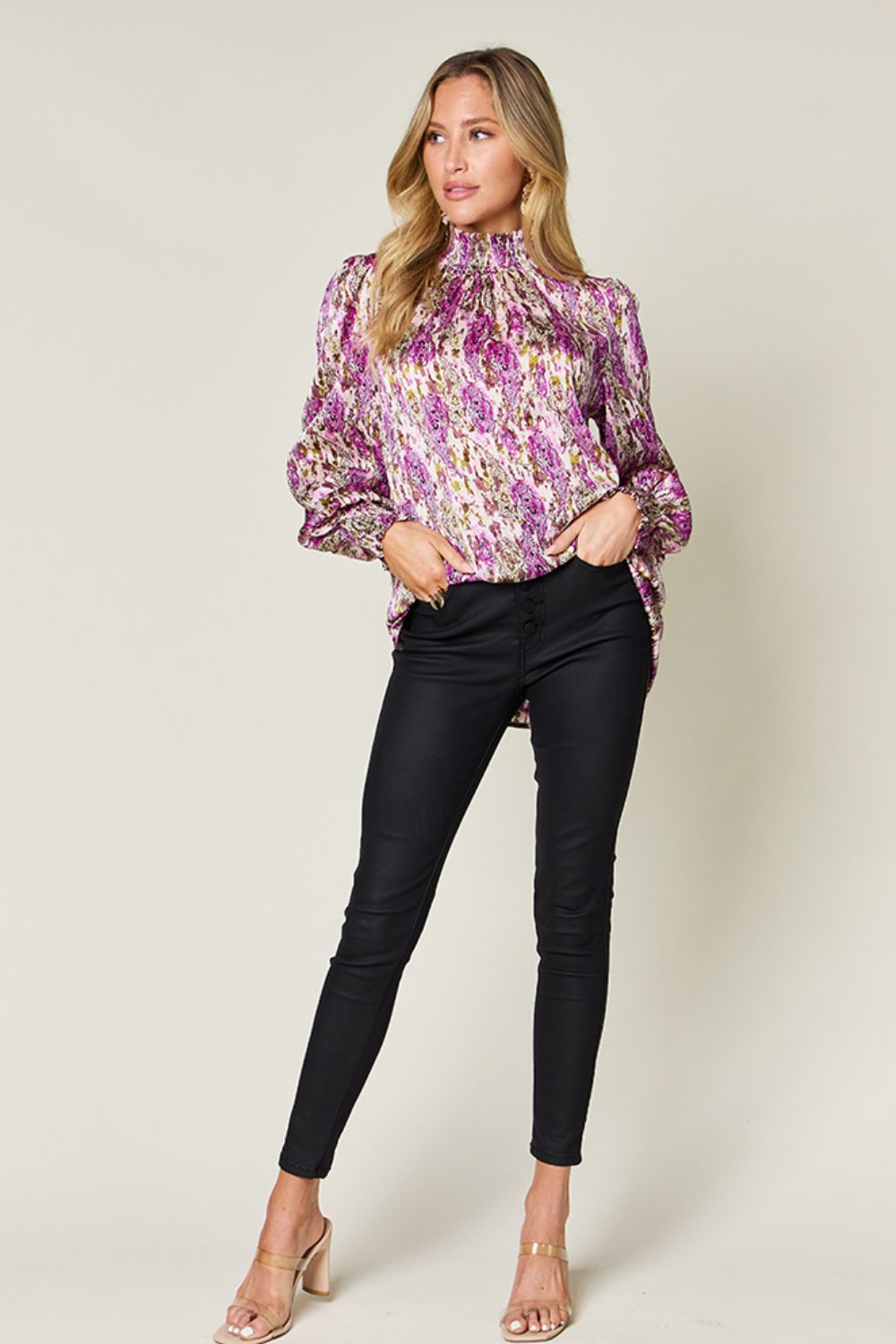 Double Take - Printed Smocked Long Sleeve Blouse