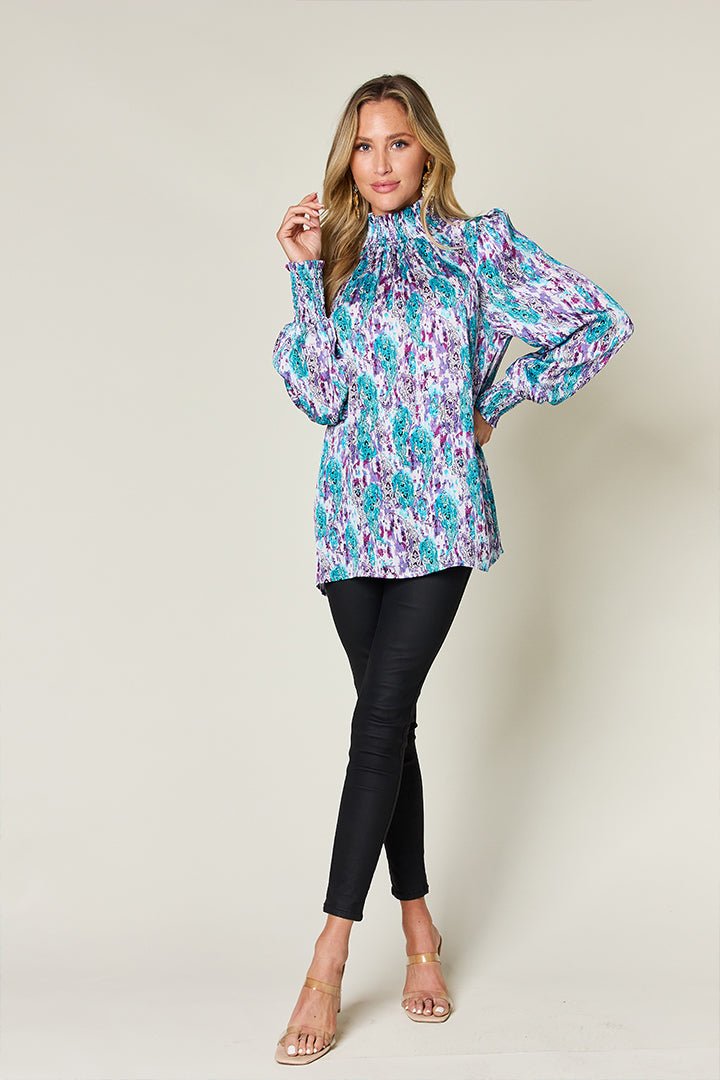 Double Take - Printed Smocked Long Sleeve Blouse