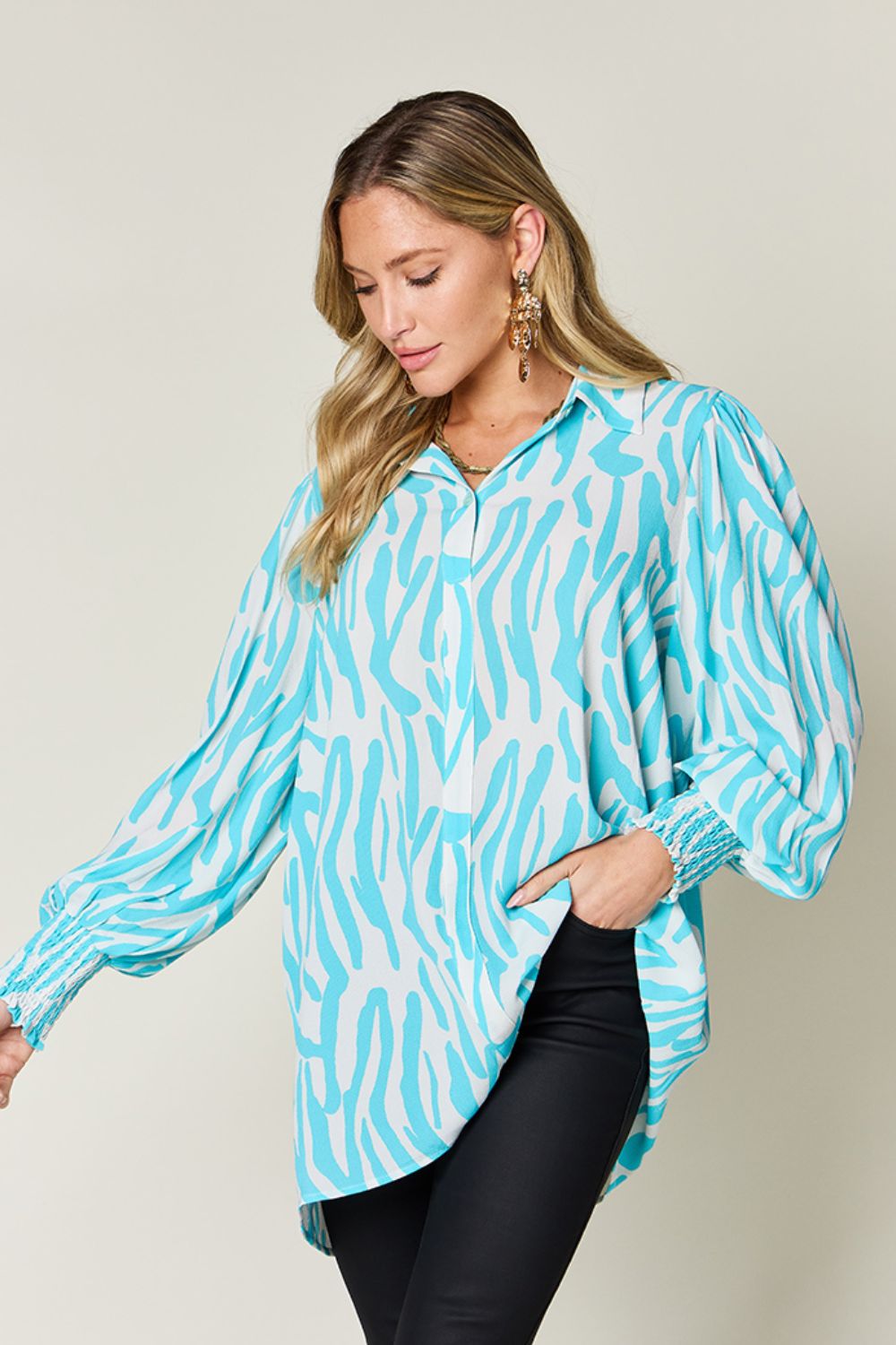 Double Take - Printed Smocked Long Sleeve Blouse