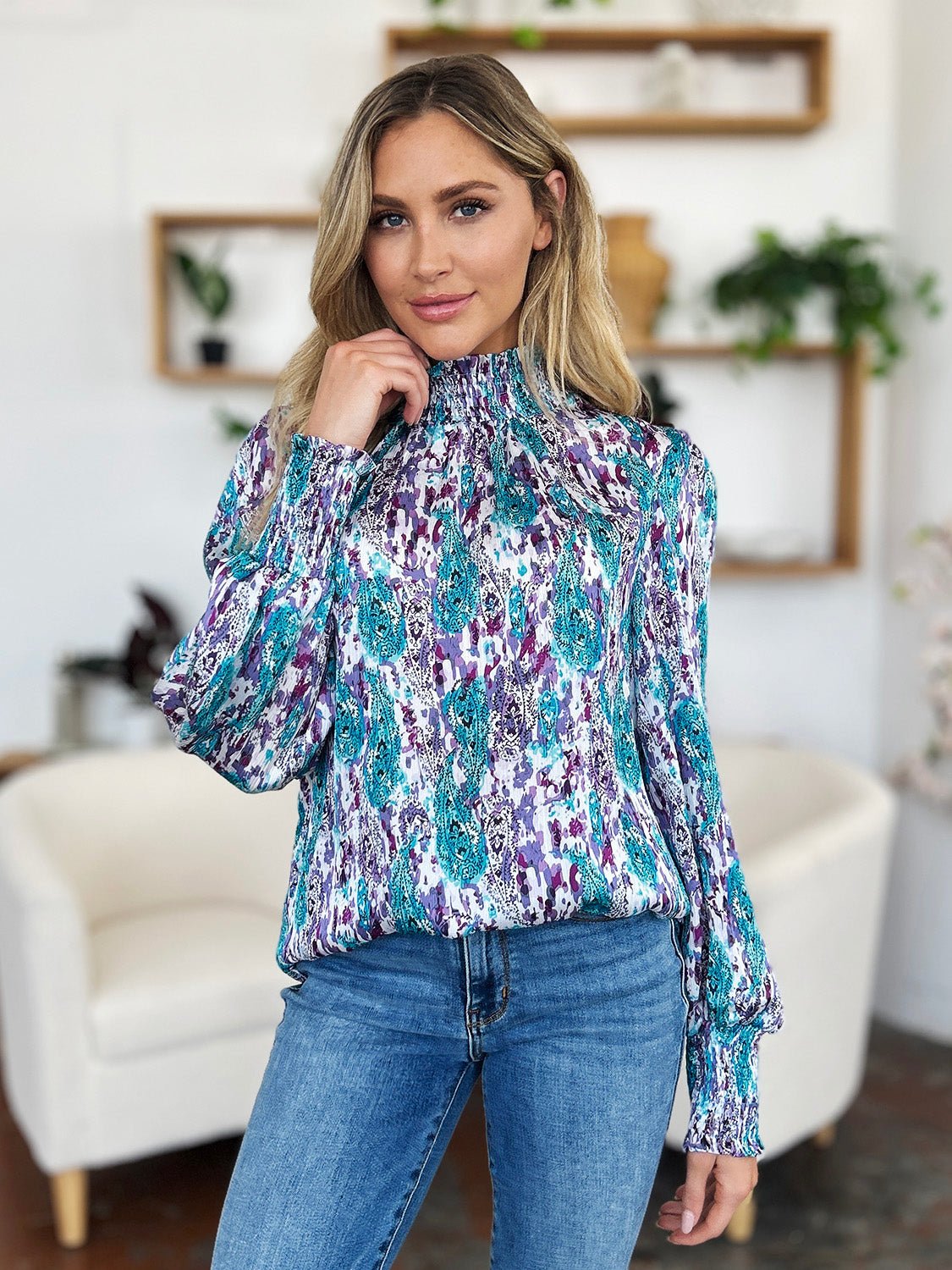 Double Take - Printed Smocked Long Sleeve Blouse