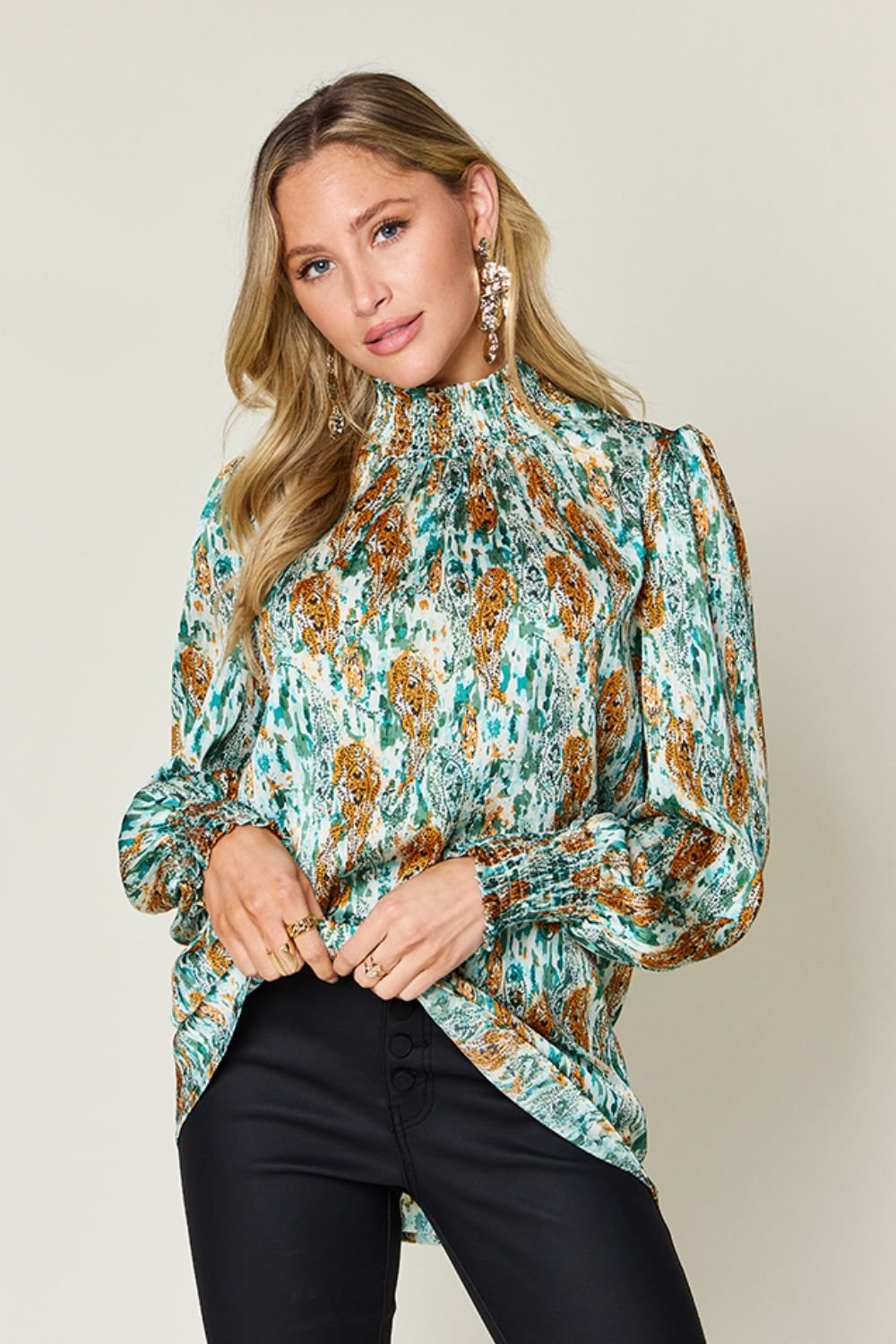 Double Take - Printed Smocked Long Sleeve Blouse