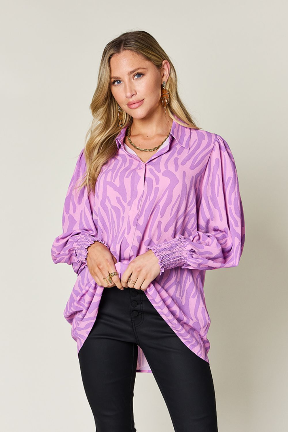 Double Take - Printed Smocked Long Sleeve Blouse