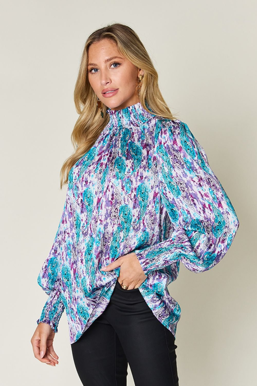 Double Take - Printed Smocked Long Sleeve Blouse