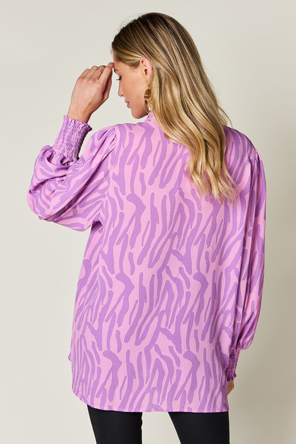 Double Take - Printed Smocked Long Sleeve Blouse