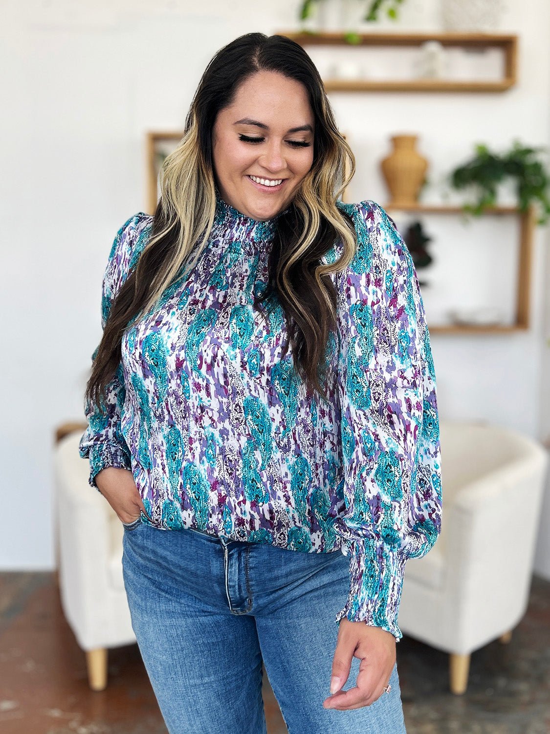 Double Take - Printed Smocked Long Sleeve Blouse