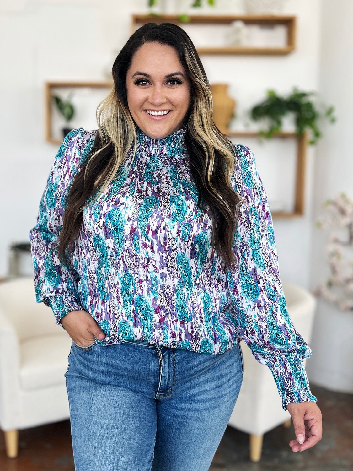 Double Take - Printed Smocked Long Sleeve Blouse