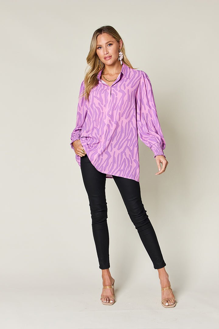 Double Take - Printed Smocked Long Sleeve Blouse