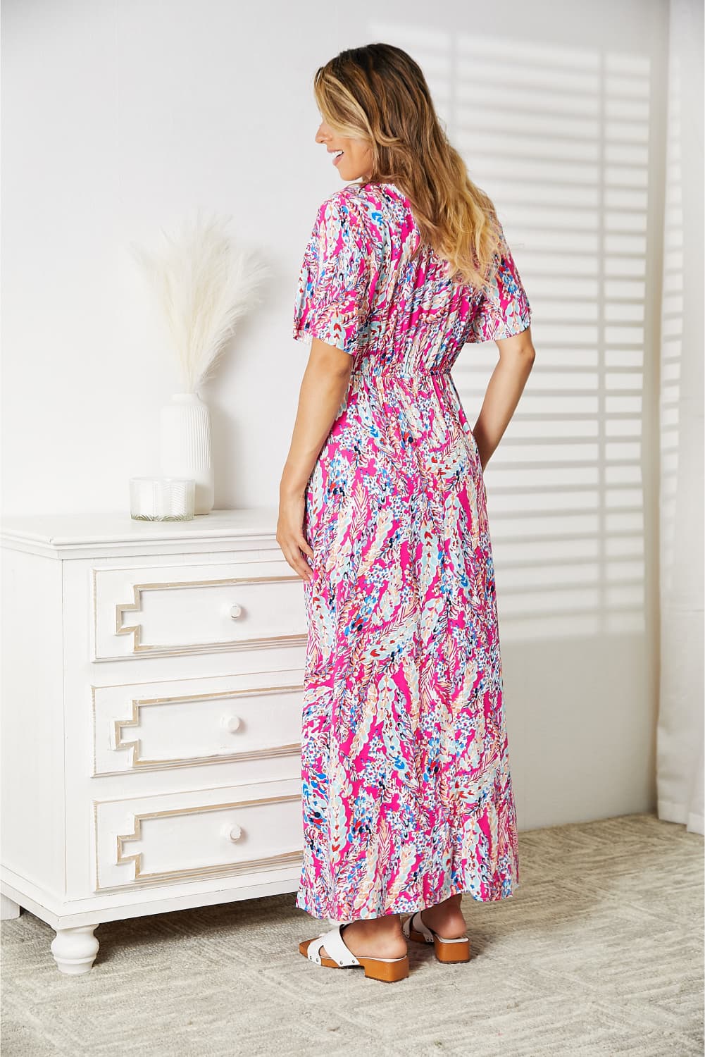 Double Take - Printed V - Neck Maxi Dress in Hot Pink