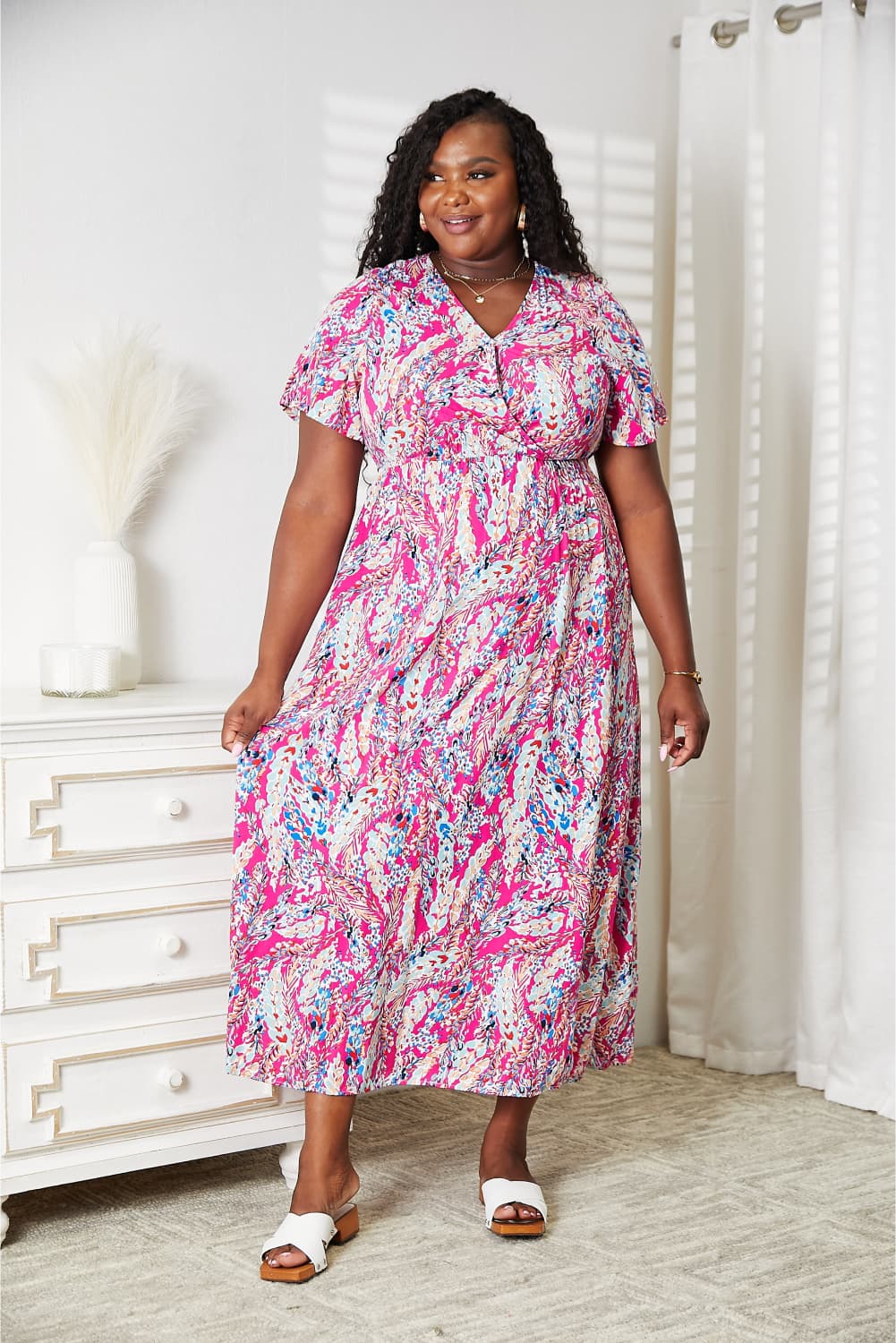 Double Take - Printed V - Neck Maxi Dress in Hot Pink