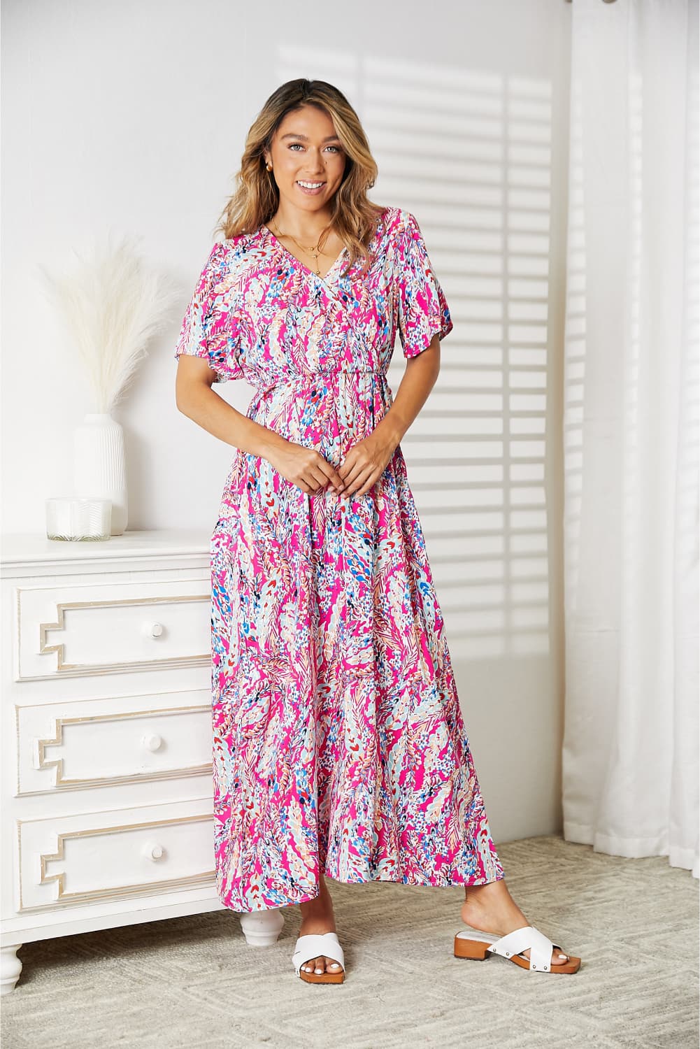 Double Take - Printed V - Neck Maxi Dress in Hot Pink