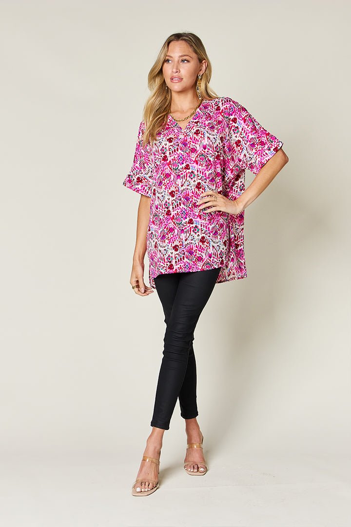 Double Take - Printed V - Neck Short Sleeve Blouse