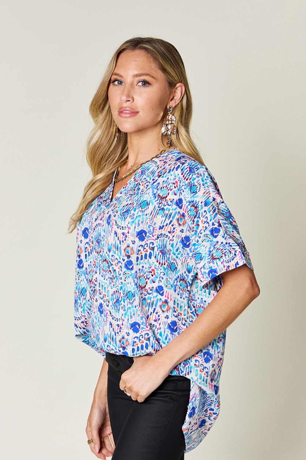 Double Take - Printed V - Neck Short Sleeve Blouse