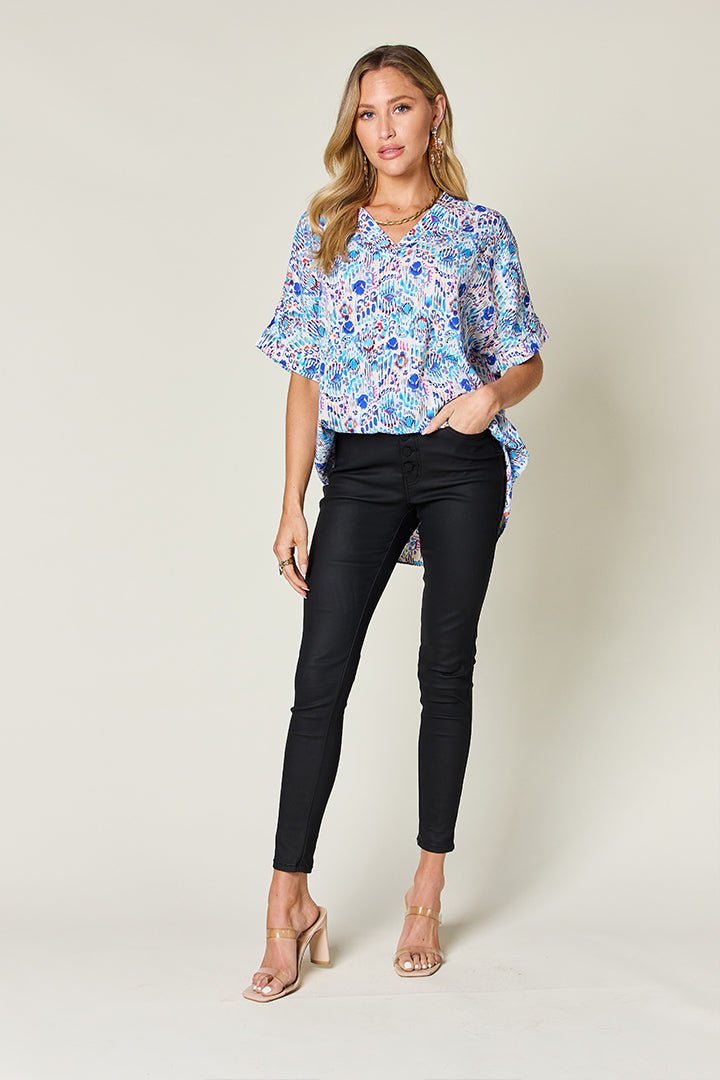 Double Take - Printed V - Neck Short Sleeve Blouse