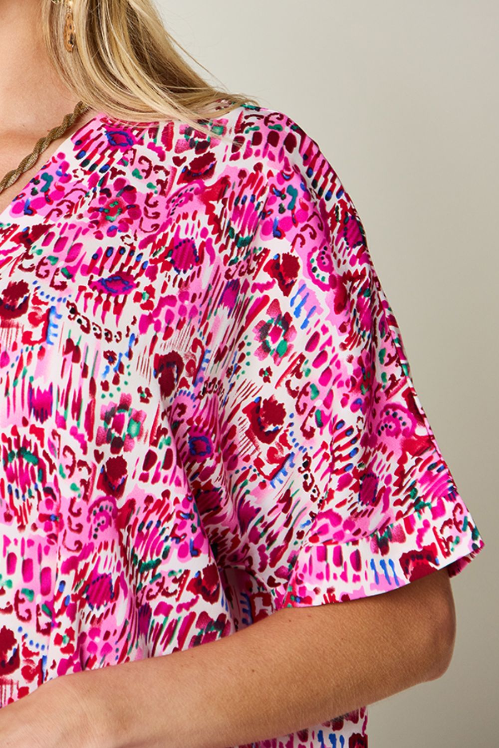 Double Take - Printed V - Neck Short Sleeve Blouse