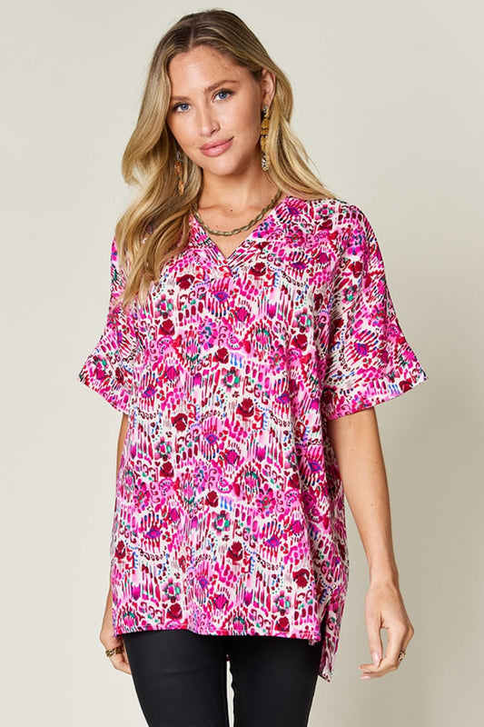 Double Take - Printed V - Neck Short Sleeve Blouse