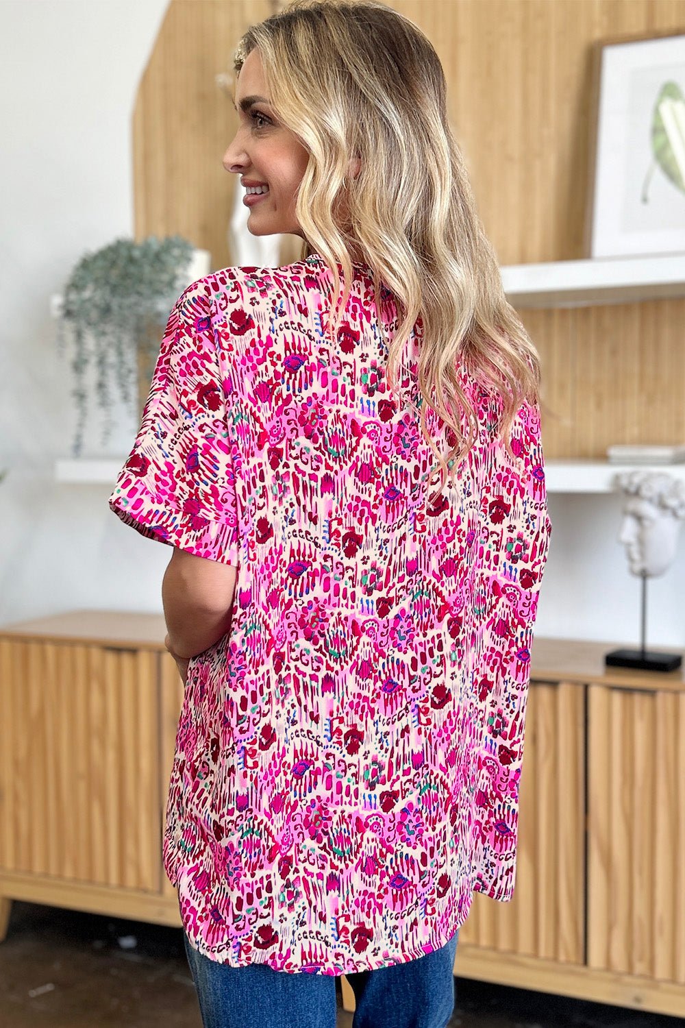 Double Take - Printed V - Neck Short Sleeve Blouse