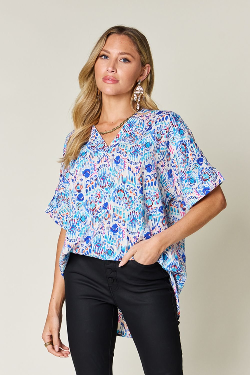 Double Take - Printed V - Neck Short Sleeve Blouse