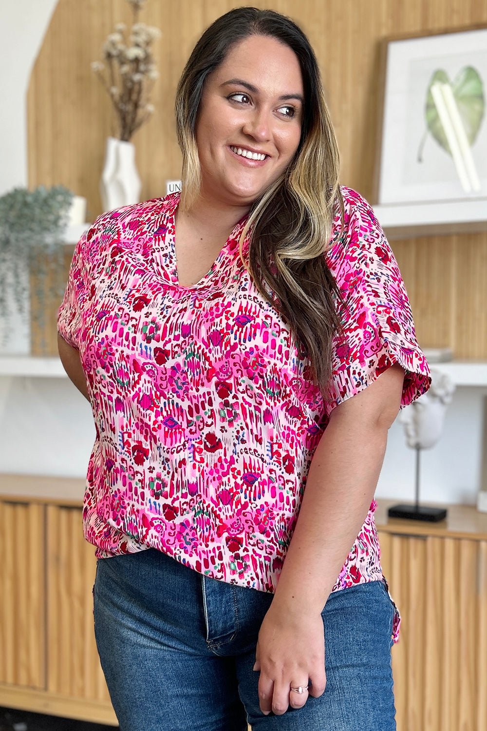 Double Take - Printed V - Neck Short Sleeve Blouse