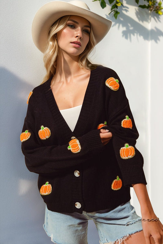 Double Take - Pumpkin Pattern Button Up Cardigan in Black