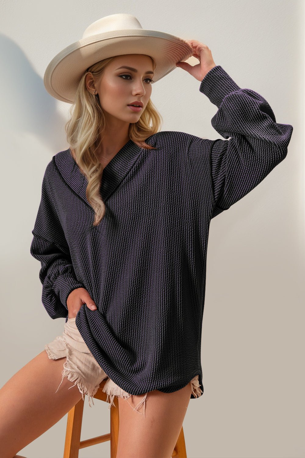 Double Take - Purple Exposed Seam Rib Knit Long Sleeve T-Shirt