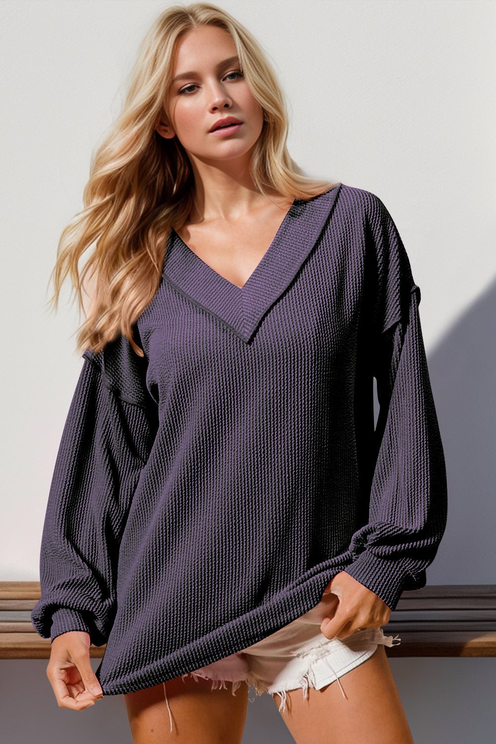 Double Take - Purple Exposed Seam Rib Knit Long Sleeve T-Shirt