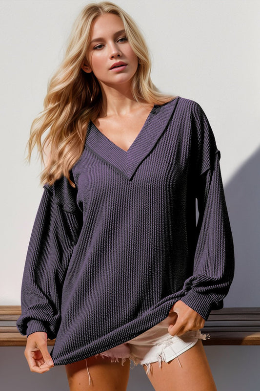 Double Take - Purple Exposed Seam Rib Knit Long Sleeve T-Shirt